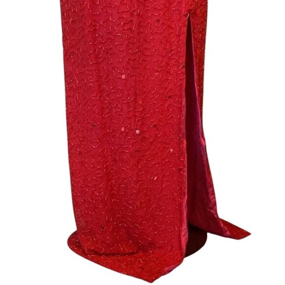 Andretta Donatello Red Gown XS Slit Mesh Beaded Detail Drama Glam Prom Pageant - Picture 6 of 10